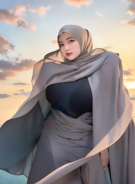 a woman (wearingVery modest dress that cover her body, wearingHijab that cover all her hair,Very large breasts that hidden under her modest dress, her hair become loose short hair that her hijab covers it,:1.2)