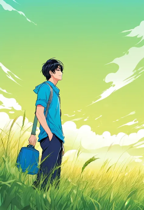 handsome man,  under the blue sky and green grassland, manga style,