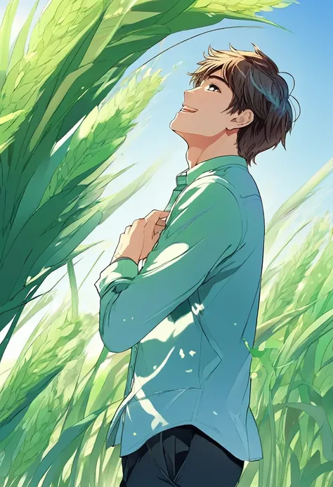 handsome man,  under the blue sky and green grassland, manga style,