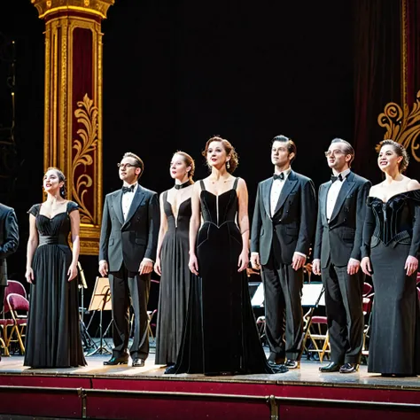 Four men and four women stand in a row on the grand opera stage, the men wearing black suits and the women wearing long black dresses, accompanied by orchestra musicians beside them