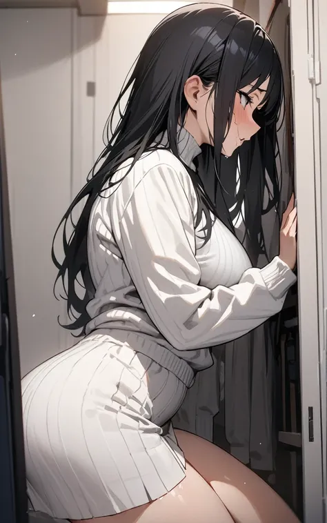 looking side, (masterpiece, Highest quality:1.2)、nsfw, Mature Woman、40 years old、Black long hair、wrinkle、White tight sweater、Flesh-colored jacket、White short skirt、room