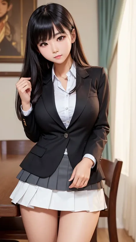 ((high quality)), ((Tabletop)), (Detailed face), (highlight),　Asian Girl、Big breasts、thigh、Black Hair、Heavy bangs、high school girl、skirt、blazer、