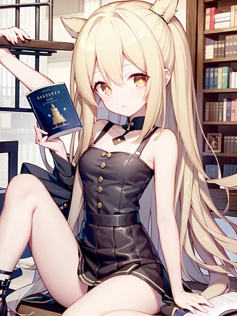 Anime  girl, library, building, city, book stack, blush, book, bangs, hair ornament, bookshelf, ladder, black skirt, hairclip, holding, blonde hair, holding book, cityspace	,Medium-sized breasts, flat chest, short skirt, clothes, beautiful legs,