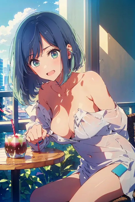 (Highest quality:1.4、8K:1.4、detailed)、F cup bust、Big Breasts、Slim body、Very white beautiful skin、((((1 person、smile、Surprised expression、sit、Chair、In the background are the urban buildings of Tokyo、looking at the camera、Indoor cafe terrace、Navy hair color、...