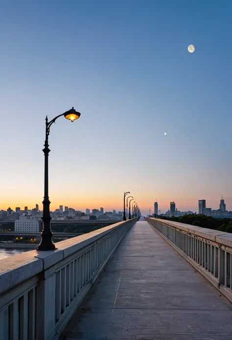 Watching the sunrise leaning against the bridge parapet, clear skies, small white morning moons, early morning city streets,