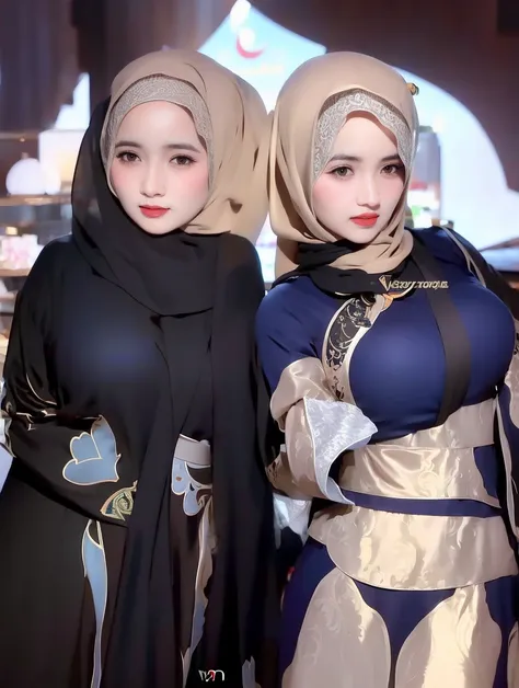 two woman standing next to each other(wearingVery modest arabic dress that cover their body, wearingHijab that cover all their hair,Very large breasts that hidden under their modest dress, their hair become loose short hair that her hijab covers it,:1.2)