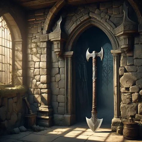 Picture a medieval fantasy axe leaning against a weathered stone wall in the corner of an empty, dimly lit chamber. The axes haft is crafted from ancient oak, its surface adorned with intricate carvings that tell tales of heroic deeds and mythical beasts. ...