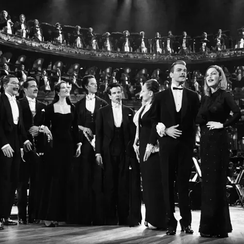 Four men and four women stand in a row on the grand opera stage, the men wearing black suits and the women wearing long black dresses, accompanied by orchestra musicians beside them