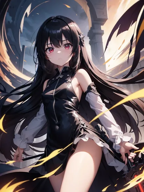 1 loli girl, (having big weapon), (Faintly emerge from the darkness) ,cinematic angle, close to viewer , cowboy shot, bloody body ,(((Expressionless))) , ((rape eyes)) ,black hair, long hair, ribbon , black dress, red eyes, (glowing eyes:1.1) ,horror world...