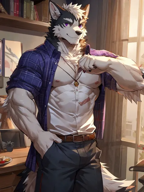 embedding:black wolf, male,purple eyes,Scar on the face, scar on the body,Single person，The fur on the chest and abdomen is white.Inside the apartment,Elder brother.Modern apartment, clean and tidy.casual Shirt，Casual pants,Formal, everyday,A mild expressi...