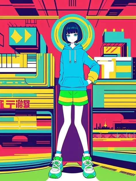 One girl, Vector art, Flat Color, Pop Art, pattern, Cityscape, hoodie, Shorts, sneakers, Bobcut, whole body, Pause, squat, Lofi Color, (Hyperlophe), (masterpiece,Highest quality:1.5)