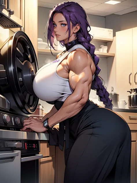 mother, milf, mature female, housewife, kitchen, busty, (((huge boobs))), ((Bodybuilder)), ((((huge muscles)))), sweating, purple hair, long braids , high detail, close up, symmetrical, high quality, absurdres, high res, ultrasharp, 8K, masterpiece, extrem...