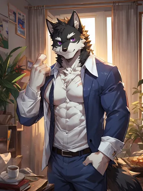 embedding:black wolf, male,purple eyes,Scar on the face, scar on the body,Single person，The fur on the chest and abdomen is white.Inside the apartment,Elder brother.Modern apartment, clean and tidy.casual Shirt，Casual pants,Formal, everyday,A mild expressi...