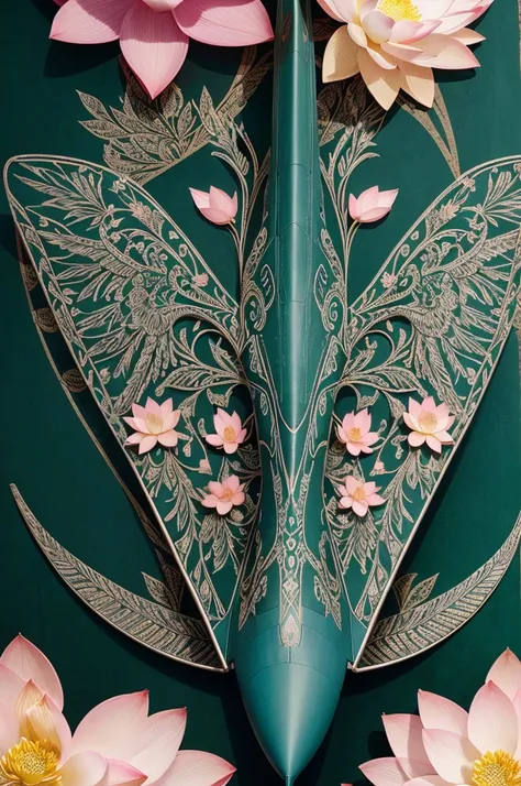 Picture a fighter jet adorned with wings intricately patterned with motifs inspired by Indias national flower, the lotus. Delicate petals and leaves intertwine across the jets surface, their hues transitioning from deep greens to vibrant pinks and whites. ...