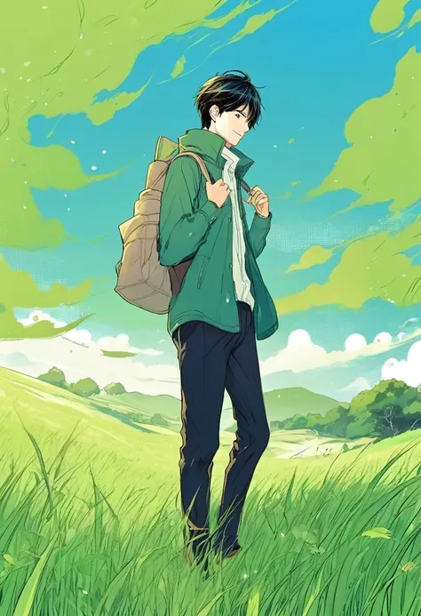 handsome man, under the blue sky and green grassland, manga style,
