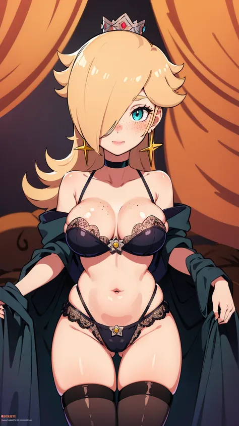 best quality, high resolution, large breasts, blonde hair, blush, evil smile, cowboy shot, looking at viewer, princess_rosalina, pink lip, sexy black gothic lingerie, gothic stockings, Hot breasts, Hot collarbones, marked breasts, marked collarbones, domin...