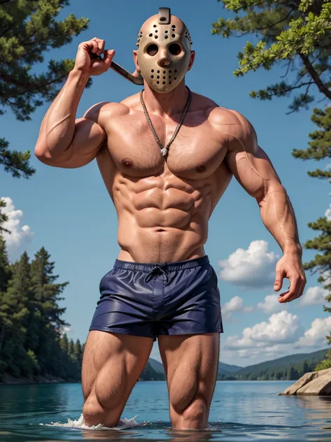 (masterpiece, 4K, ultra detailed), Jason Voorhees, single, masculine, light skin, jasons white hockey mask, bald, sexy, muscular, forest, lake, sunny, smooth lining, smooth shading, shirtless, red swim trunks, cartoony