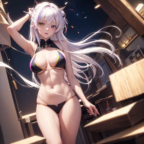 {{masterpiece}}, best quality, extremely detailed CG unity 8k wallpaper, cinematic lighting, lens flare, beautiful detail eyes, black,  side glance,  multicolor short white hair, colorful light, particles, heterochromia, (colorful:1.5), (colorful hair:1.5)...