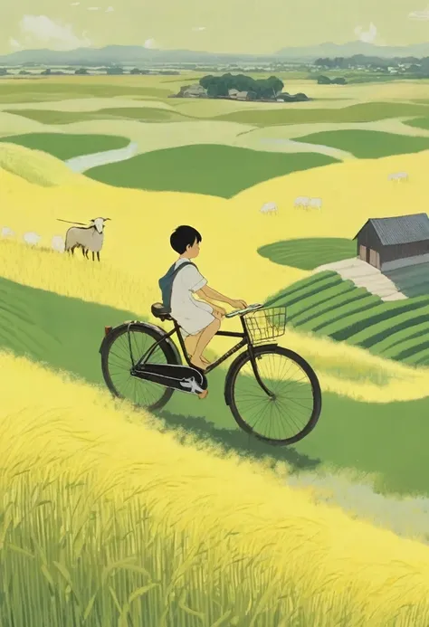 A beautiful illustration, Endless rice fields, half yellow half green, a boy riding a bicycle, Will Barnett (Will Barnet) modeling, Attached are 50D movie stills, Idyllic, Rural, panoramic,