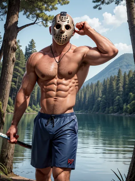 (masterpiece, 4K, ultra detailed), Jason Voorhees, single, masculine, light skin, jasons white hockey mask, bald, sexy, muscular, forest, lake, sunny, smooth lining, smooth shading, shirtless, red swim trunks, cartoony