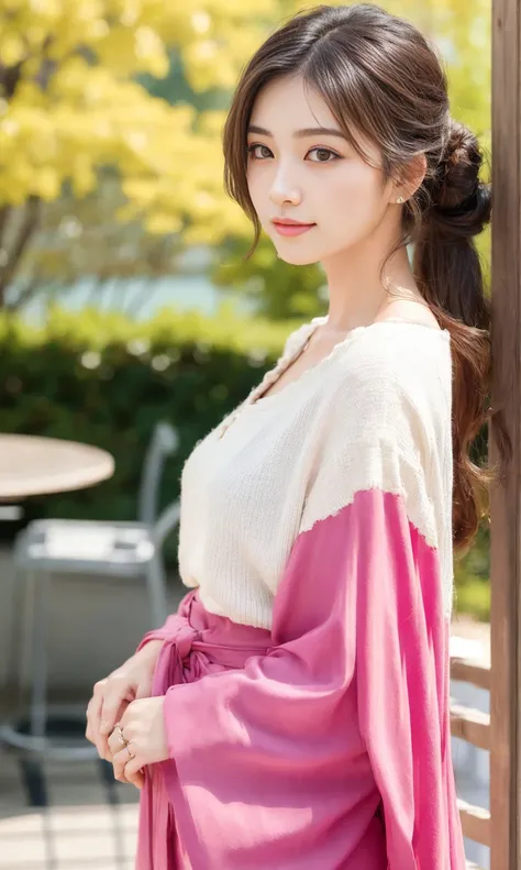 Japanese,Youthful, vibrant, elegant,upper body,Soft, natural lighting,Outdoor setting or studio with a natural backdrop,Bright and lively colors,focus on the hairstyle and facial features,Gentle and inviting expression,Contemporary fashion style,