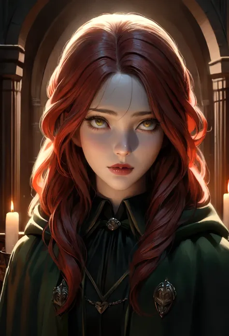 a beautiful young woman with long red hair, lily evans, trapped in a dark room in the slytherin tower, severus snape standing over her, (1girl, portrait, cinematic lighting, dramatic, moody, chiaroscuro, dramatic shadows, highly detailed, intricate details...