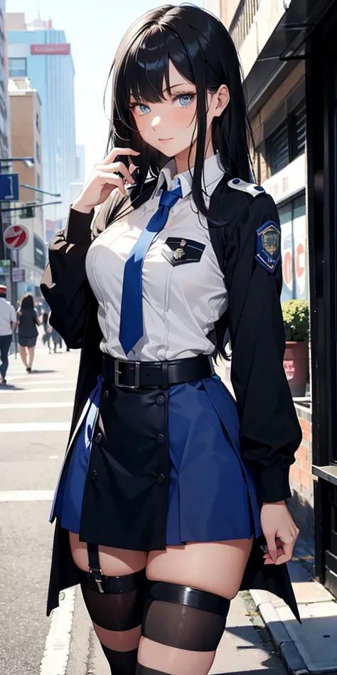 An absurd solution, High resolution, (masterpiece:1.4), Super detailed, One girl,Blue Eye Color, Long black hair，Wear a police uniform and a short skirt, City streets,Sexy posture, The camera is close to the body