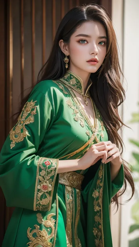 (8k, RAW Photos, highest quality, masterpiece:1.2), (Realistic, photo-Realistic:1.37),One girl, 20-year-old、dress, Green Eyes, Long Hair, super detailed cloth, beautiful decoration on dress,　The Demon King&#39;s Mansion