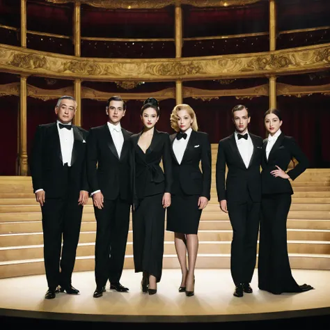 Four man and four woman wearing black suit at opera stage