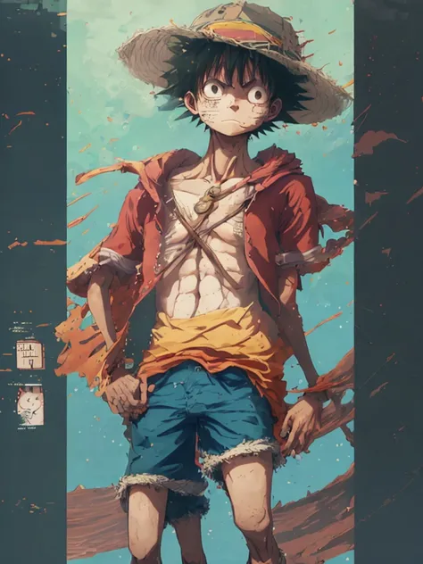 Create an image of Monkey D. Luffy, the protagonist of "One Piece." He is a 19-year-old pirate captain with a lean, muscular build, lightly tanned skin, and messy black hair. His expressive black eyes should convey his cheerful and carefree nature. Luffy i...