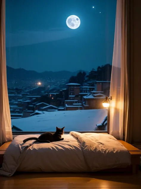 Cat、night、room、On the bed、The moon seen from the window