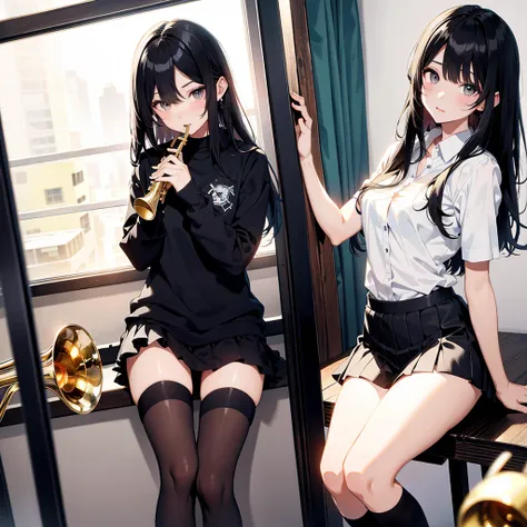 high resolution。High resolution、Low - Angle、masterpiece、Beautiful black-haired girl、17 years old、Round eyes、Playing the Trumpet、miniskirt and knee socks。sweating、high resolution8K