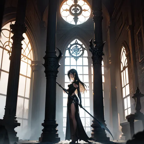 Imagine a medieval fantasy scythe standing upright against a stone pillar in the center of an empty, ancient chamber. The scythes handle is made from aged, dark wood, intricately carved with symbols and runes that seem to faintly shimmer with arcane energy...