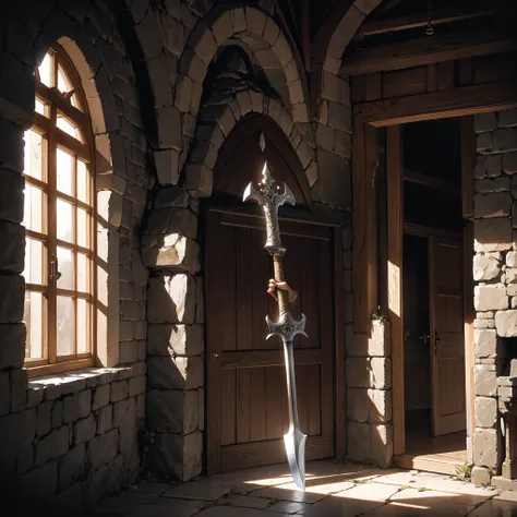 Picture a medieval fantasy axe leaning against a weathered stone wall in the corner of an empty, dimly lit chamber. The axes haft is crafted from ancient oak, its surface adorned with intricate carvings that tell tales of heroic deeds and mythical beasts. ...