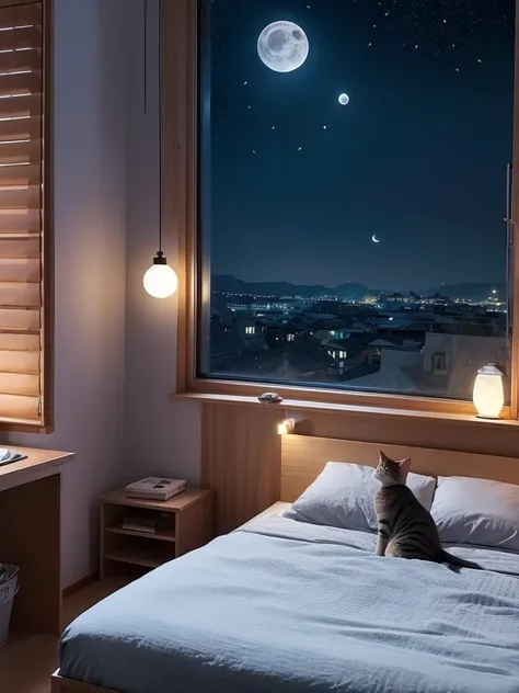 Cat、Draw a little bigger、night、room、On the bed、The moon seen from the window