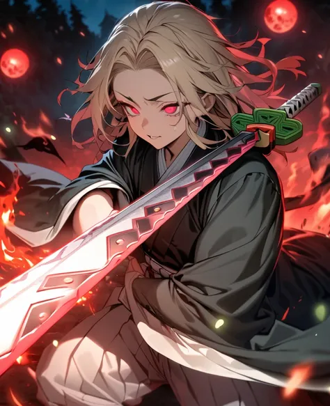 Ultra detailed, highres, absurdres, HDR, master piece,kokushibu, blond hair, 6 eyes, violet haori with patters of black, , Kimetsu No Yaiba, fantasy, half moon flamesfrom sword, man grabbing a sword, solo, magic, shining red fireflies, red moon, best quali...