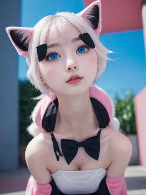 solo focus, a_la, 1girl, cat, white fur, long whiskers on each side of face, large brilliant blue eyes, large black eyelashes, small pink nose, triangular ears with pink canals, small breasts,     looking at viewer, squatting, front view, spreading legs, p...