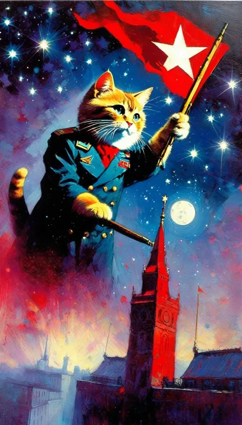 1communist cat, red star, magic, fantastic, night sky, moon, stars, background, (art inspired in Bill Sienkiewicz). oil painting)
