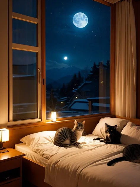 Cat、Kizitora、night、room、On the bed、Small window、