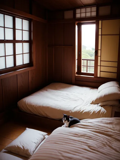 Cat、Kizitora、night、room、On the bed、Small window、