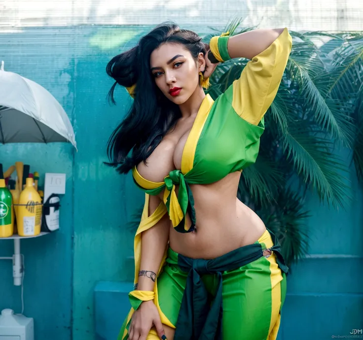 a close-up of a Brazilian woman with black hair, hair with two types of hairstyles, wearing green and yellow kimono, dark green eyes, lipstick on red lips, portrait of laura, jogo Street Fighter v, sculptural body, well defined and beautiful breasts, 4 K, ...