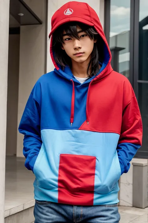 Anime boy front face blue hoodie prowin sign on hoodie and red cap