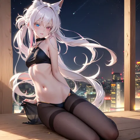 {{masterpiece}}, best quality, extremely detailed CG unity 8k wallpaper, cinematic lighting, lens flare, beautiful detail eyes, black,  side glance,  multicolor short white hair, colorful light, particles, heterochromia, (colorful:1.5), (colorful hair:1.5)...