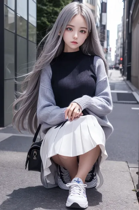 Masterpiece, top quality, one girl, full body, expressionless, mysterious, long gray hair, drooping eyes, light purple eyes, dark blue sweater, white and black ribbon, black pleated skirt, white sneakers, warm colors, film, sunlight, dynamic,absurdres,hire...