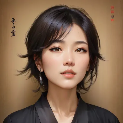 arafed image of a woman with a black shirt and a black shirt, by Qian Xuan, by Zhao Yuan, by Xia Yong, by Zhou Wenjing, by Zhang Xuan, by Zhou Fang, by Wu Bin, by Zeng Jing, by Qiu Ying, kwak ji young, by Zhang Lu, by Zou Yigui