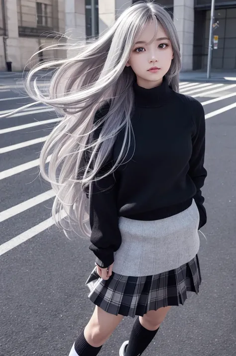 Masterpiece, top quality, one girl, full body, expressionless, mysterious, long gray hair, drooping eyes, light purple eyes, dark blue sweater, white and black ribbon, black pleated skirt, white sneakers, warm colors, film, sunlight, dynamic,absurdres,hire...