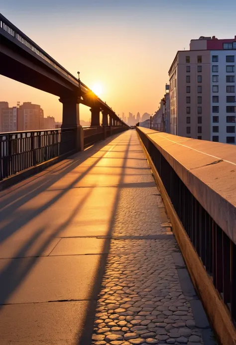 Watching the sunrise leaning against the bridge parapet, clear sky, early morning city street,