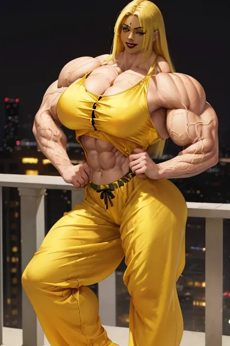 (((((Massive tall, beautiful, buff, light brown skinned muscular woman with yellow hair, black lipstick, ginormous bulky muscles, beautifully posing and wearing a silk yellow pajama blouse with yellow silk pajamas pants))))), close view, massive muscle, ma...