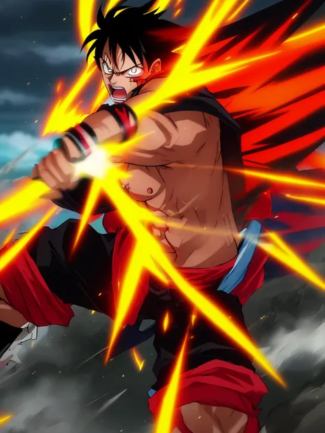 painterly style, badass male character looking like the fusion between Luffy and a Saiyan at war, character design, body is adorned with glowing yellow runes, yellow aura around him, body dynamic epic action pose, intricate, highly detailed, epic and dynam...