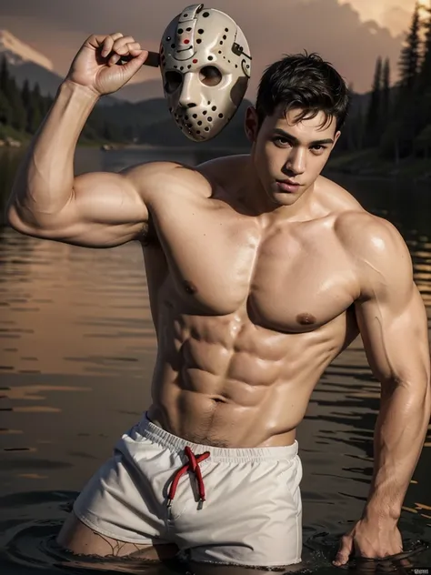 (masterpiece, 4K, ultra detailed), Jason Voorhees, single, masculine, light skin, jasons white hockey mask, bald, sexy, muscular, sunny, smooth lining, smooth shading, shirtless, cartoony, red swim trunks, lake